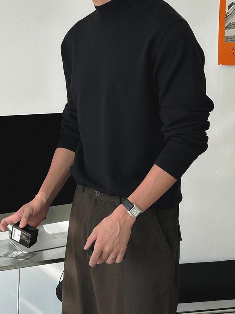 Herrenschwarzer Rollkragenpullover im Hongkong-Stil, Slim Fit, einfarbig, warme Strickware für Herbst/Winter