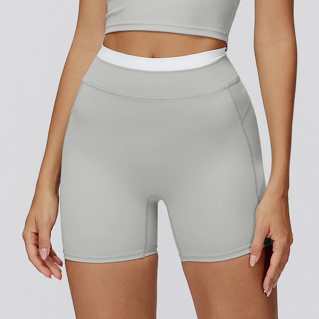 Hohe Taillen Farbe Block Po-Hebende Yoga-Shorts – Damen Gerippte Nude-Gefühl Lauf-Sport-Shorts (Stil 3129)