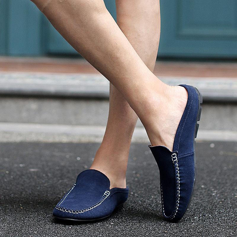 Fashion Summer Mules Suede Leather Half Shoes For Men Casual Mens Penny Loafers Slipper Slip On Flats Lazy Driving Shoes Man Moccasin