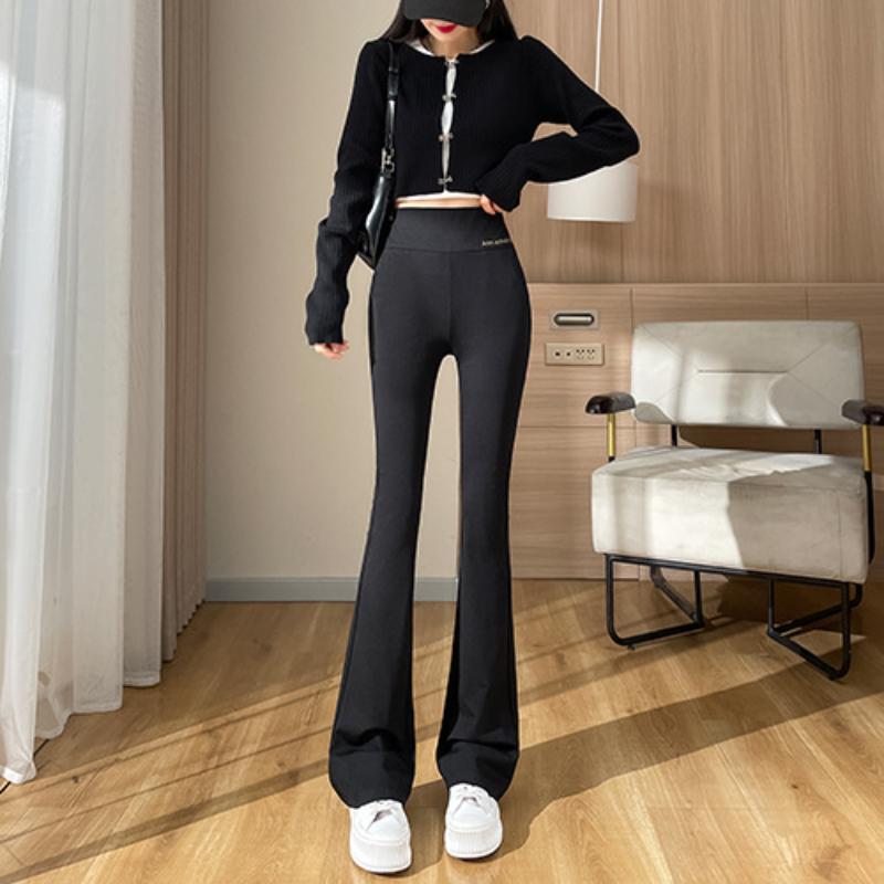 Elastic Waist Flared Pants for Women New High Waist Slimming Slit Micro Flare Pants for Spring and Autumn Black