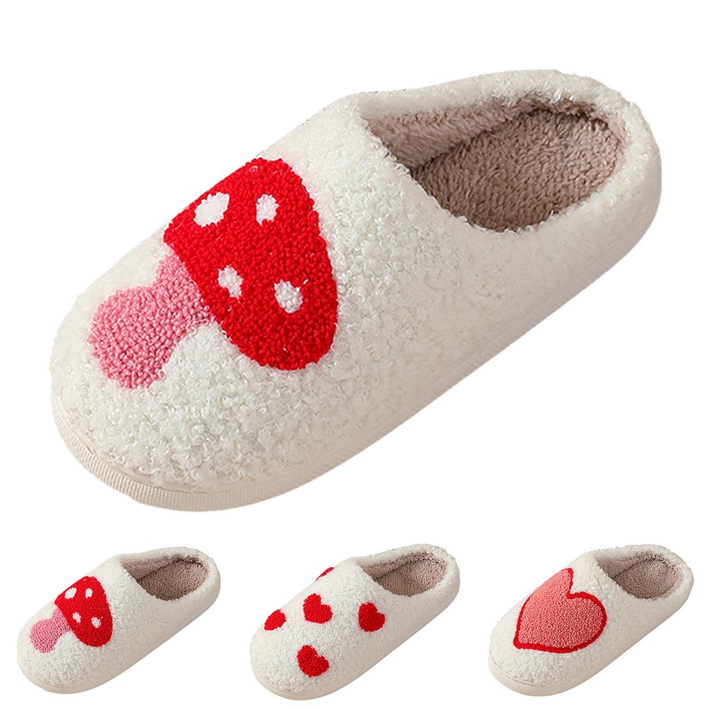 Fuzzy Flip Flop Slippers For Women Comfortable Home Cute Cartoon Love Shape Winter Cotton Slippers Men And Chaussures Femmes