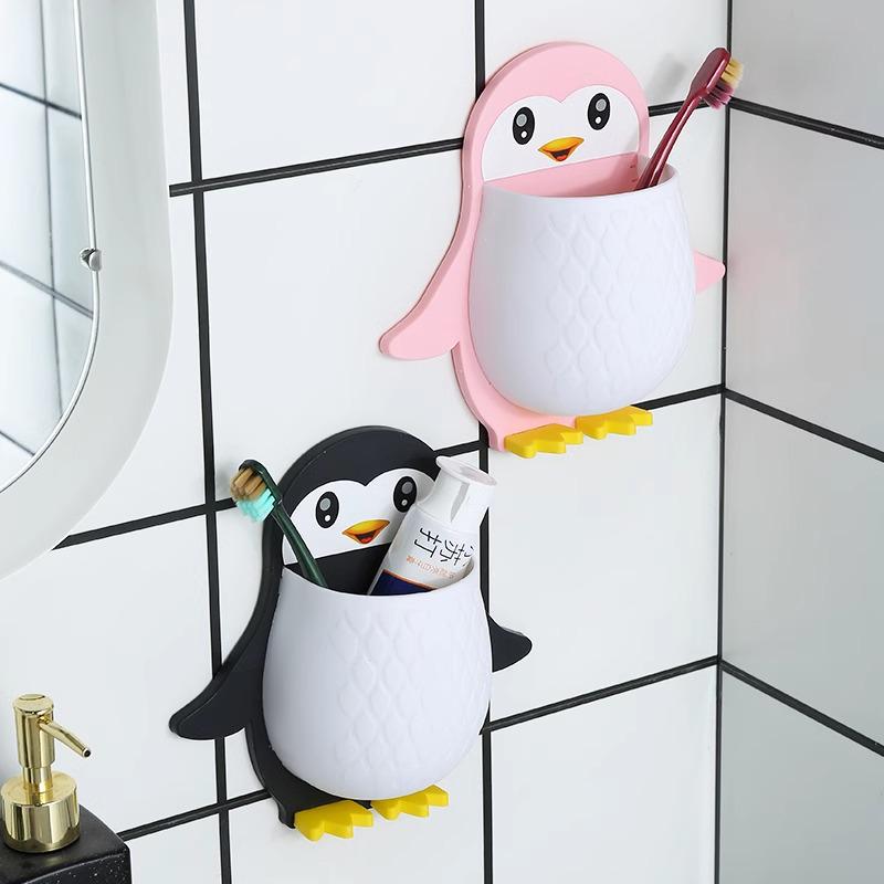 Cartoon Penguin Wall-Mount Organizer for Bathroom & Dorms: Makeup, Toothbrush, Phone Holder