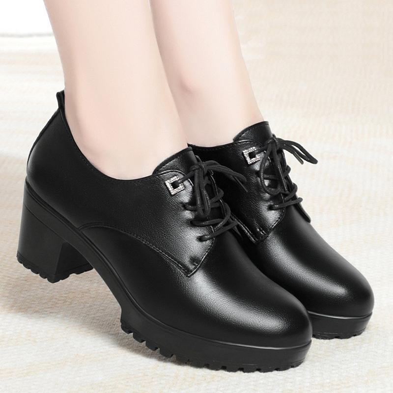 Spring Autumn lace-up Thick Sole Women Pumps Shoes High Heels Comfortable Breathable Square Heel Solid Soft Leather Shoes