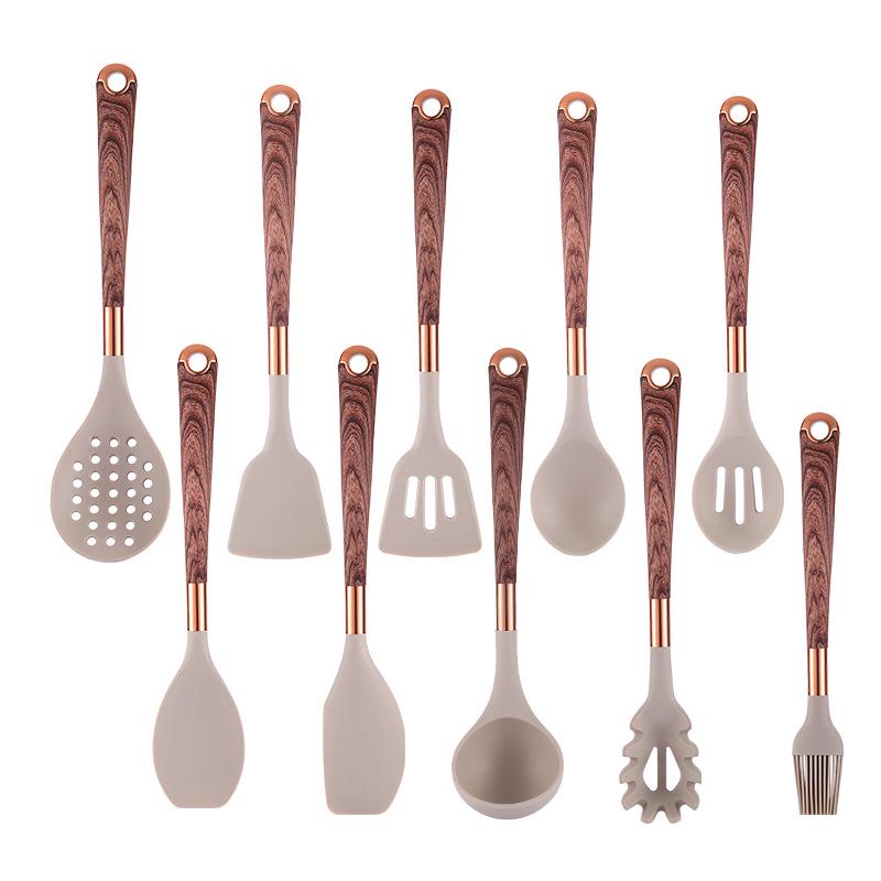 "10-Piece Wood Grain Silicone Kitchenware Set: Cooking Spoons & Spatulas"