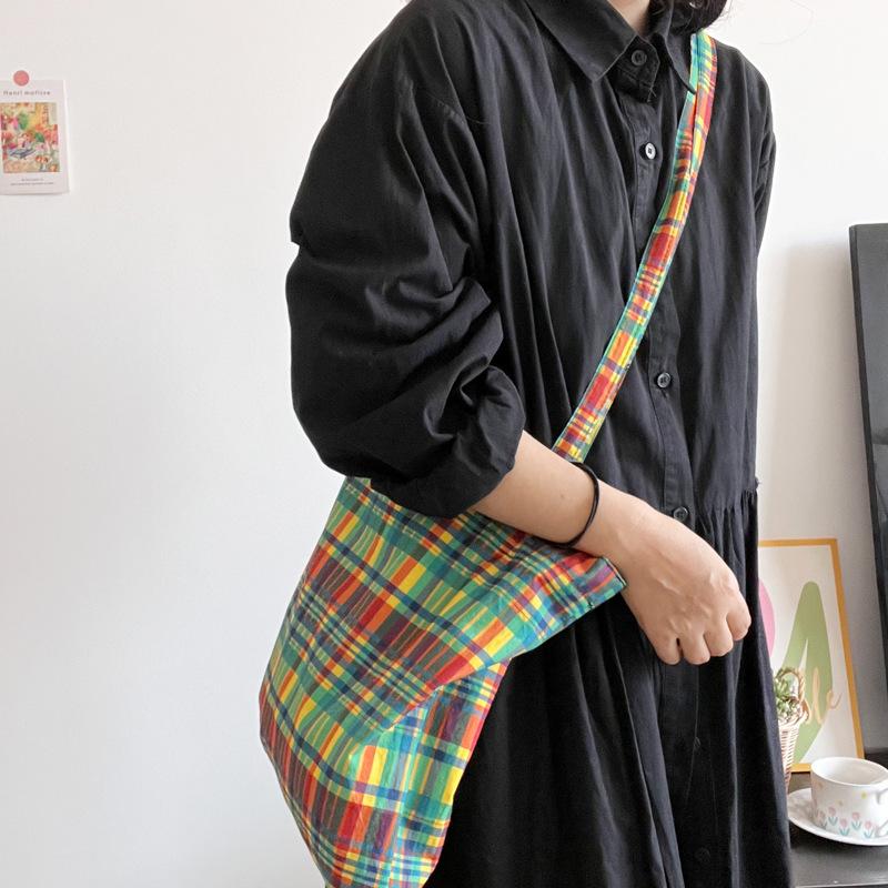 

Summer new retro rainbow grid shoulder bag, thin strap messenger bag, specific pure cotton fabric, thin women s cloth bag