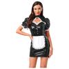 Women's French Maid Costume S-XXL - Hollow Out Lace Glossy PU Dress with Detachable Bow for Halloween Party