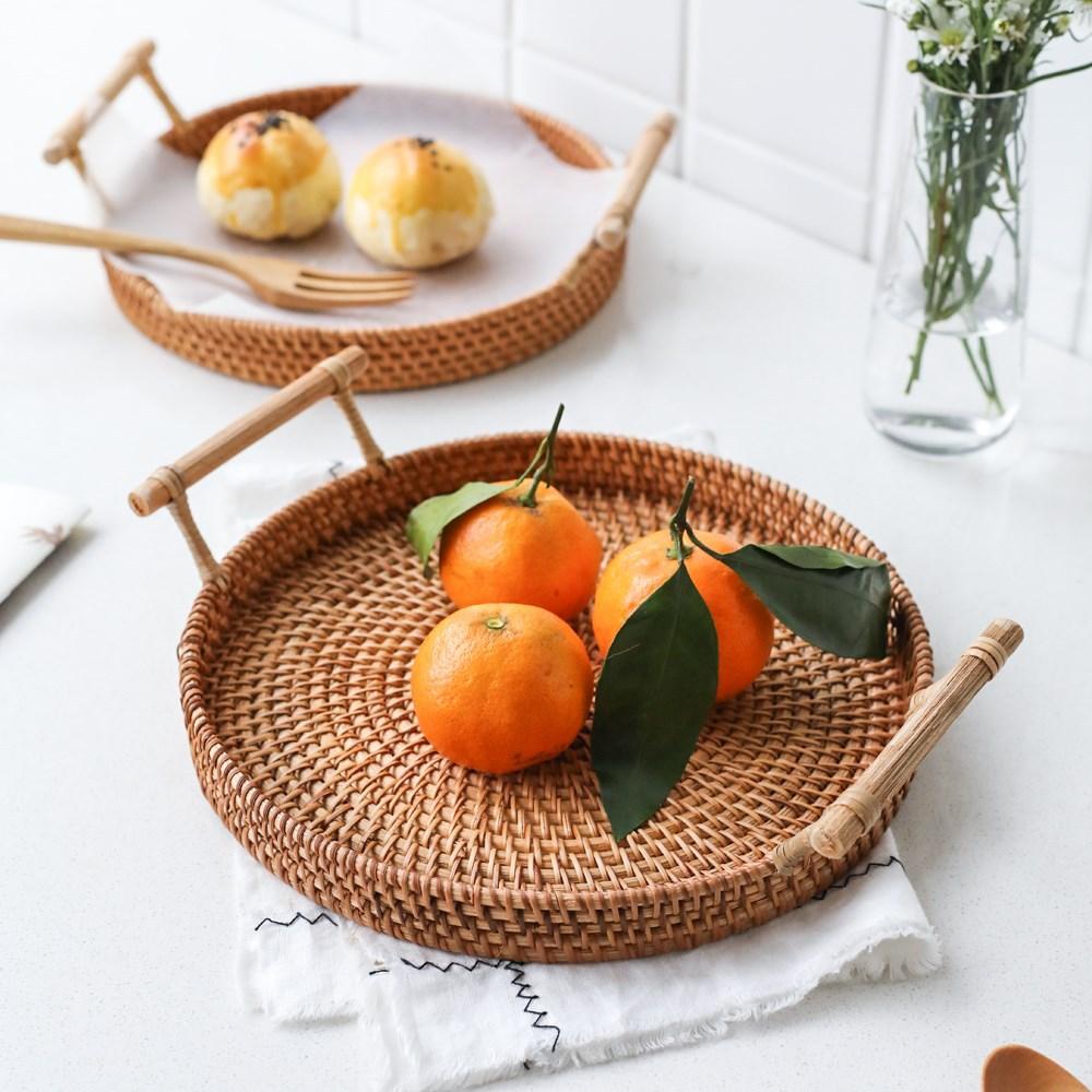 Rattan Storage Baskets with Handle Woven Organizer Storage Boxes Severing Tray Food Sharing Decoration Plate Kitchen Accessories