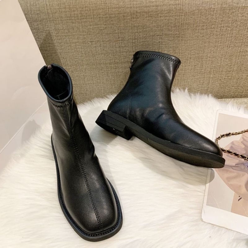 Botines blancos para mujer otoño e invierno nuevos botines individuales botas de cuero suave punta cuadrada botas finas zapatos planos