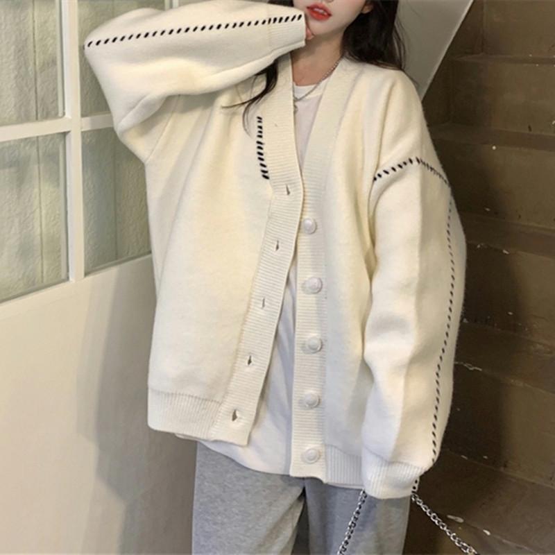 

Jacket women s lazy style autumn and winter large size women s v-neck contrasting color knitted cardigan college style fashion versatile model 46-253 (average size) білий