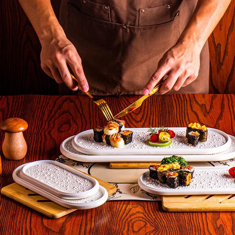 Pure White Bead Dot Texture Ceramic Sushi Plate Oval Dessert Plate Snack Plate Dim Sum Dish Molecular Cuisine Creative Tableware