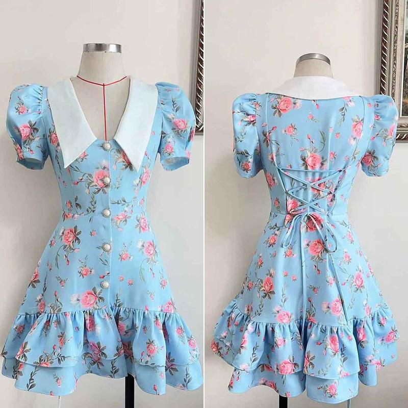 Summer Print Puff Sleeves Ruffled Dress Women's V-Neck High Waist Pearl Buttons Mini Dress Female Casual Vacation Fashion Dress