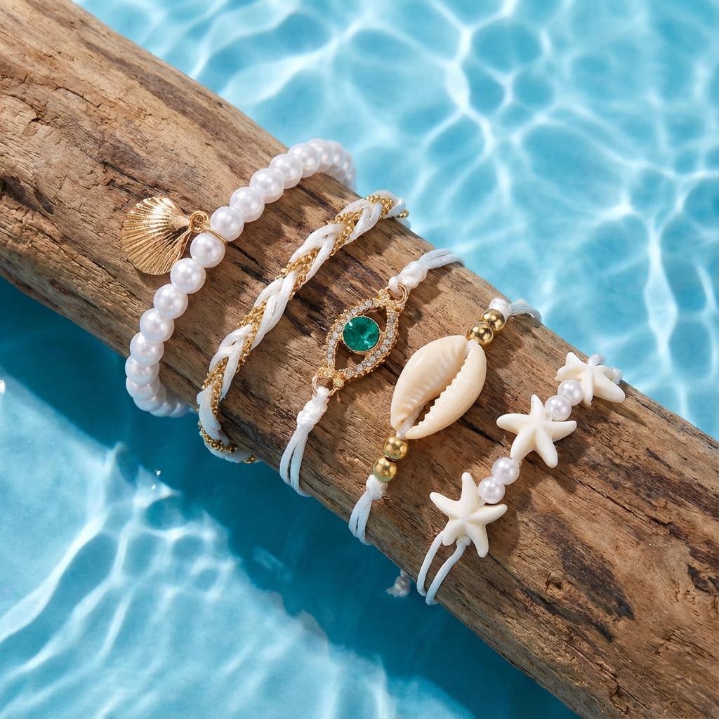 5pcs/Set Bohemian Imitation Pearl Shell Pendant Bracelets for Women Ethnic Style Conch Wave Rope Bracelet Summer Beach Jewelry
