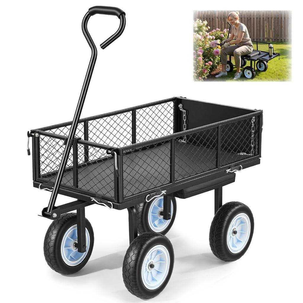 VEVOR Garden Cart with Seat, 226.8 Kg, Rolling Steel Garden Work Seat with Wheels, Heavy Duty Gardening Stool, with Tool Tray & Adjustable Handle