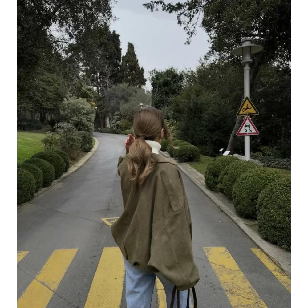 New Women's Suede Texture Effect Loose Version of Fashion Lapel Shoulder Bomber Jacket