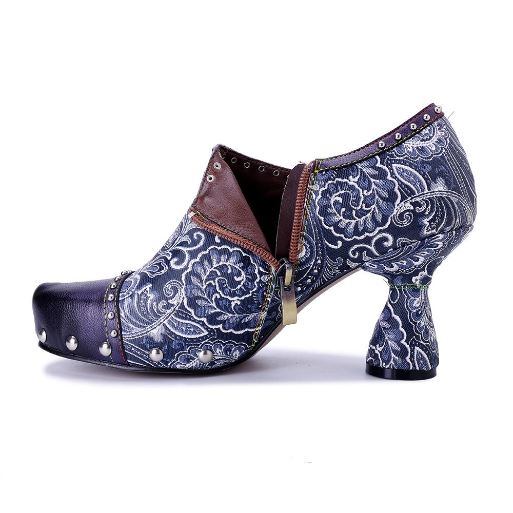 Johnature 2025 Autumn/Winter New Handmade Genuine Leather Splicing Printed Rivet Fashion Women's High Heels