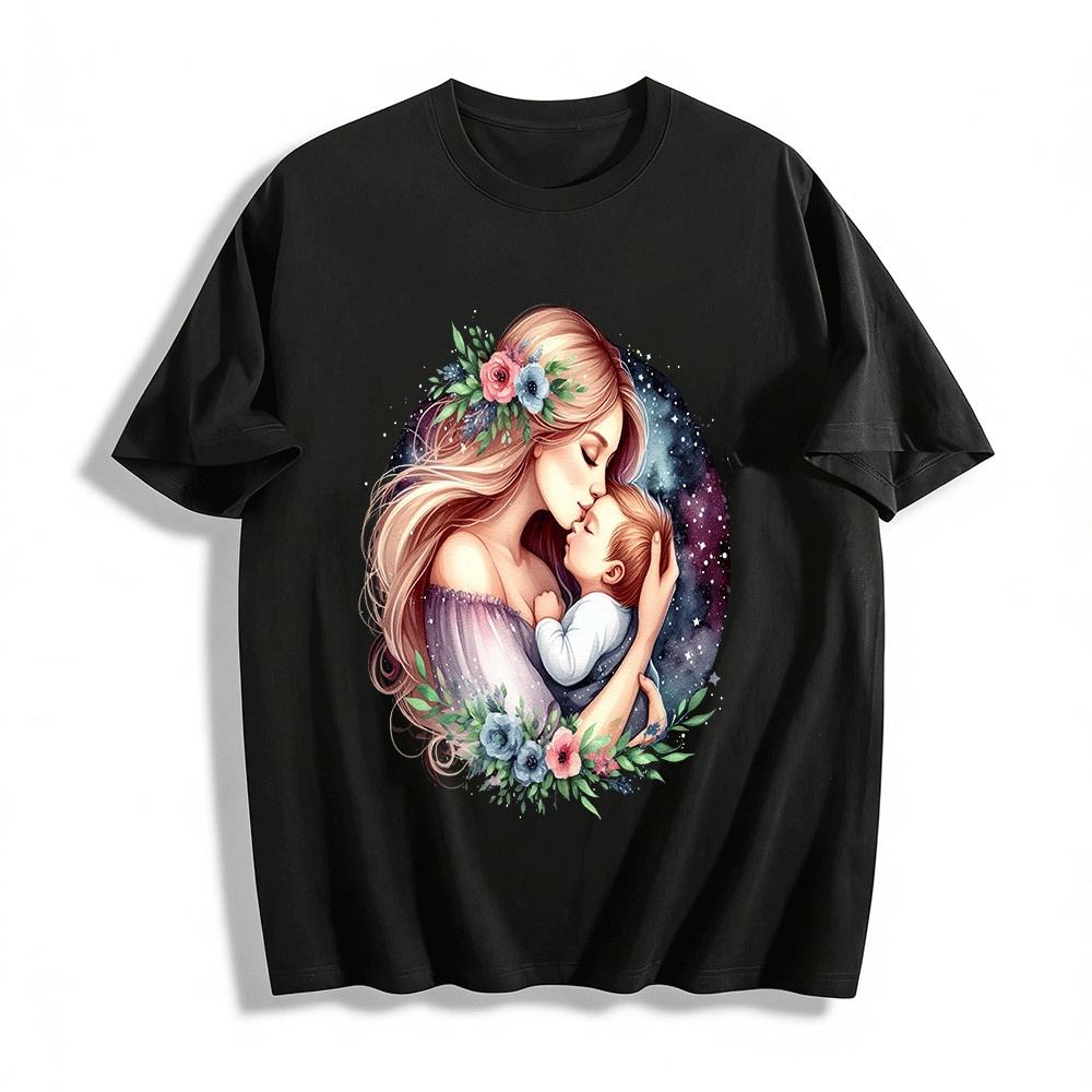 

Watercolor Mother Baby Kiss Print Casual Top Pure cotton T-shirt XXS