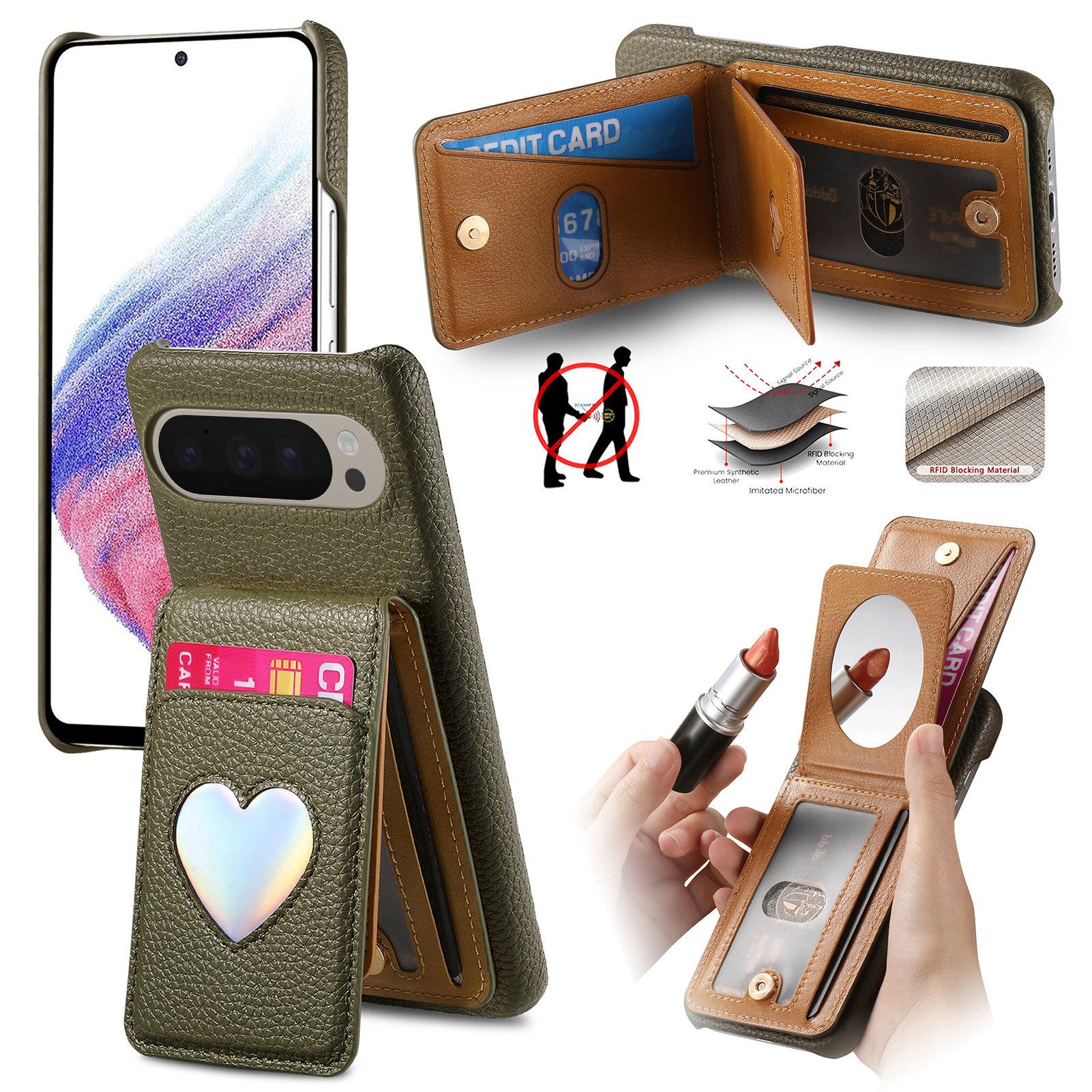 

For Google Pixel 10 Pro XL/9 Pro XL Case with Mirror Card Holder RFID Blocking Litchi Texture PU PC Phone Back Cover Midnight Green