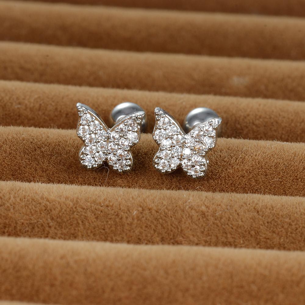 Vintage Gold Color Stainless Steel Butterfly Earrings for Women Zircon Cartilage Piercing Stud Earring Jewelry aretes de mujer