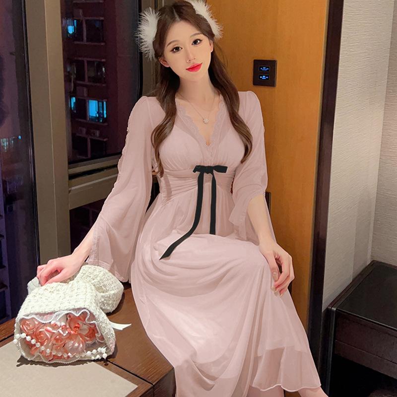 Gentle And Sweet Wind Spring Summer Nightdress Women'S Lace Mesh Pure Desire Long Sleeve With Chest Pad Dress Loungewear