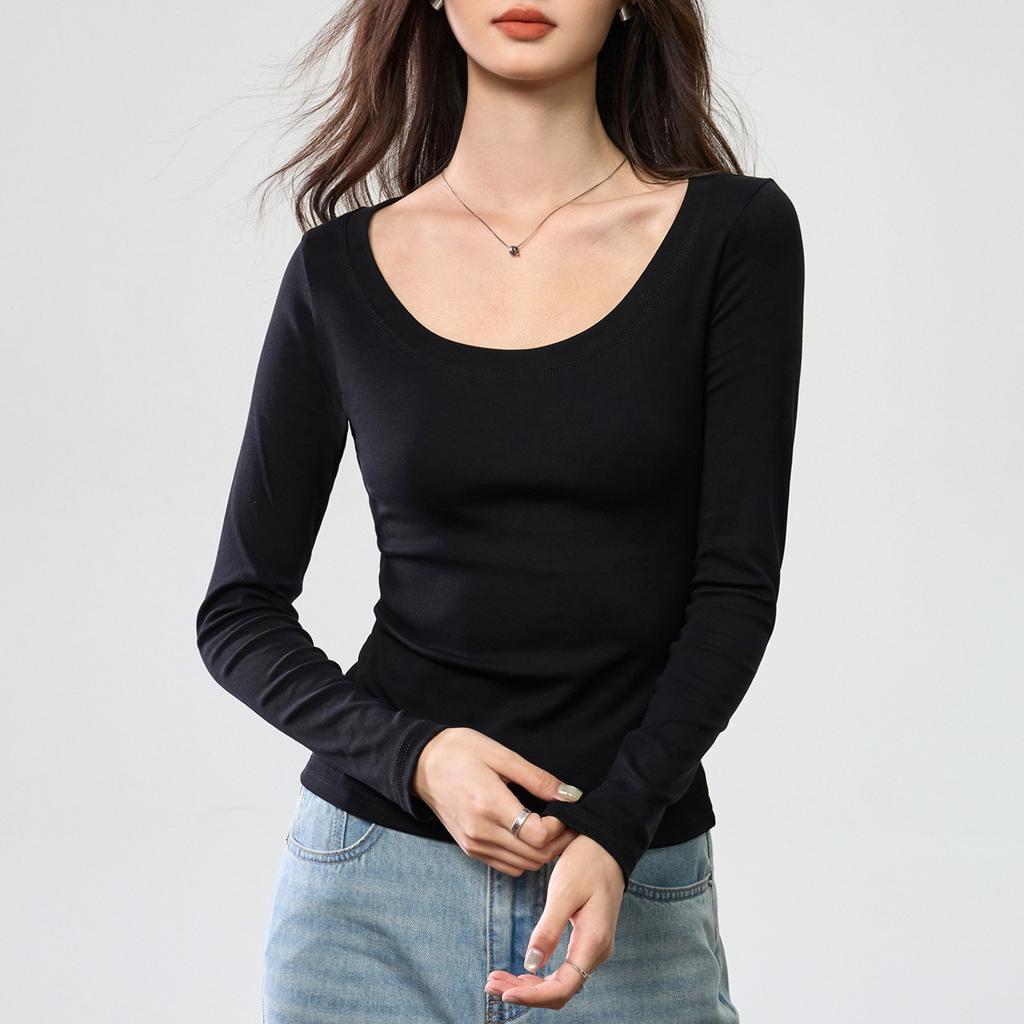 Women S U Neck Long Sleeve Fitted Cotton T Shirt Casual Basic Top