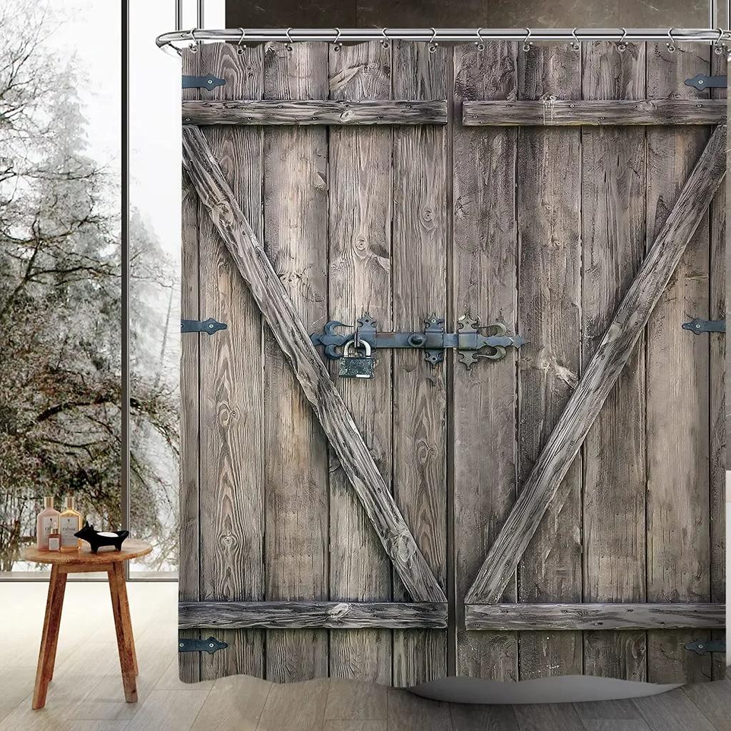 Selský sprchový závěs Set Rustikální sprchový závěs do koupelny Dřevěná stodolová vrata Farma Koupelnové závěsy Venkovská dřevěná koupelnová dekorace