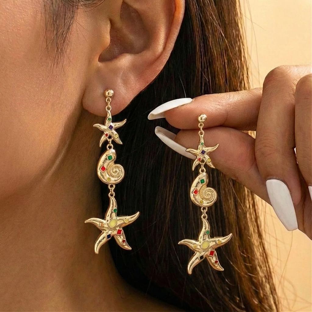 Colorful Painting Shells Stud Earrings for Women Fashion Conch Starfish Long Pendant Earrings Summer Beach Party Jewelry Gifts