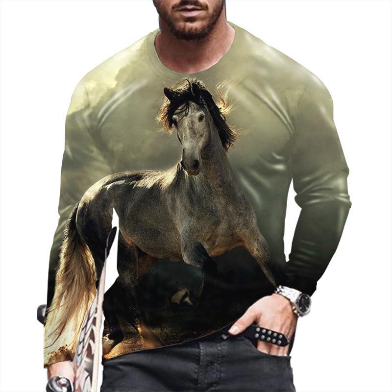 Spring and Autumn Round Neck Horse 3D Printed Top Fashionable Casual Long Sleeved Men's T-shirts