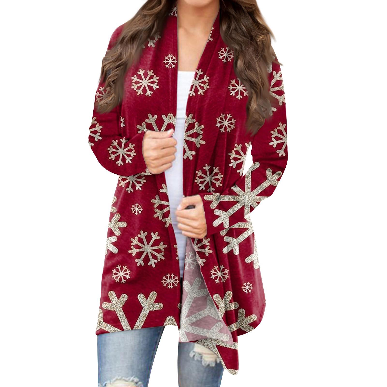 

Рождественская женская мода Повседневная куртка-кардиган с длинным рукавом с принтом XXXXXL винный