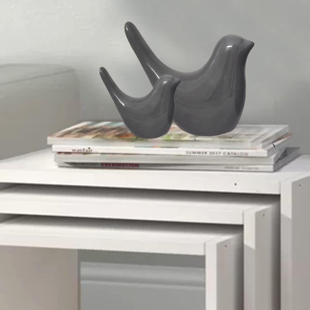 Creative Grey Glossy Ceramic Birds Figurines Home Decorations Accessories Party (Pack of 2, Grey)