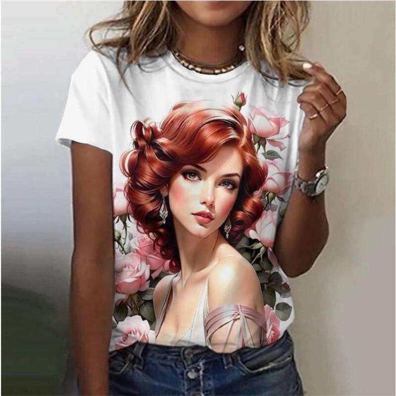 Summer T-shirt Ladies Abstract Art Portrait 3d Printing Fashion Casual Tops Contrast Color Design Women's Clothing