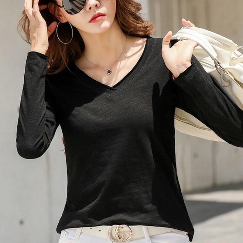 Jarní trička větších velikostí Bavlna Košile s dlouhým rukávem Ženy 2021 Podzimní Zastřihování s výstřihem do V Korejský styl Loose Blusas 1135