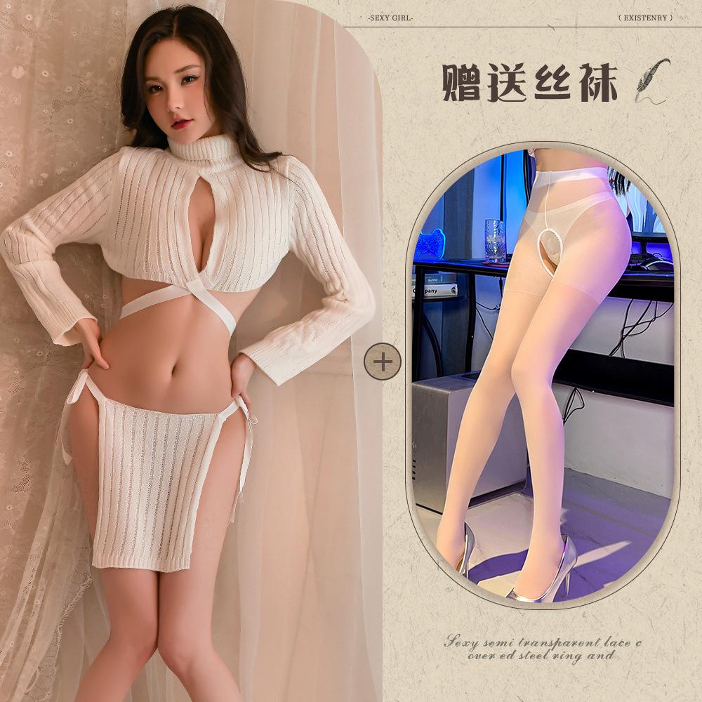 Sexy Chest Open Strap White Turtleneck Sweater Two-piece Set Erotic Underwear Uniform Temptation Two-dimensional Breast Wear