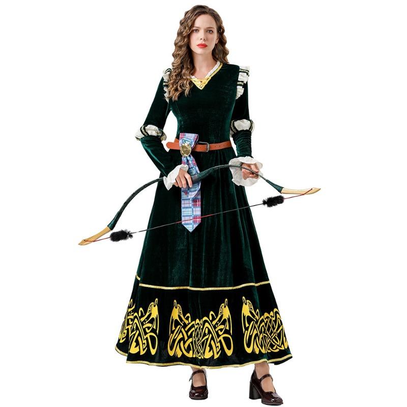 Halloween Costume Medieval Court Style, Retro Dark Green Dress Brave Legend Merida Cosplay