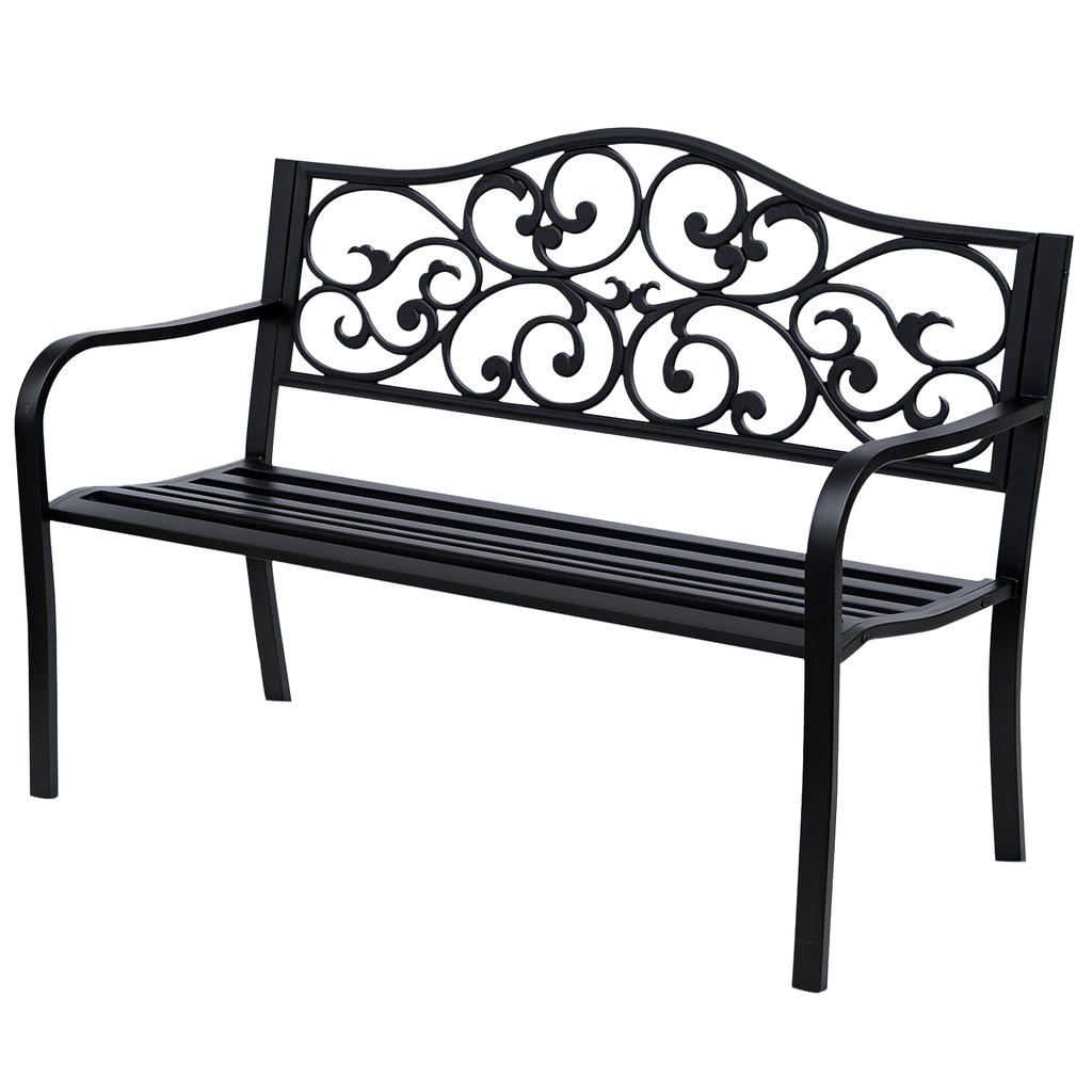Metal Garden Bench with Floral Backrest and Armrests - Black
