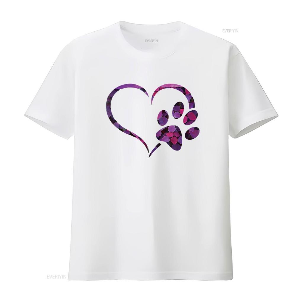 Floral Violet Purple Dog Cat Paw Print Heart Puppy Women S T Shirt with Personality Cute Tops for Vintage Washed