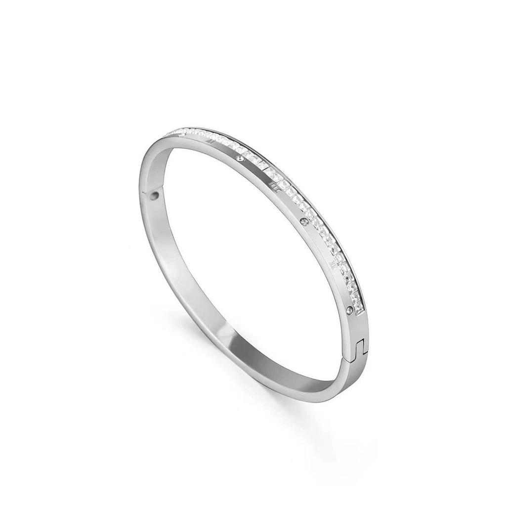 European & American Titanium Steel Hollow Electroplated Bangle with Diamonds - Versatile Stainless Steel Women's Fashion Jewelry