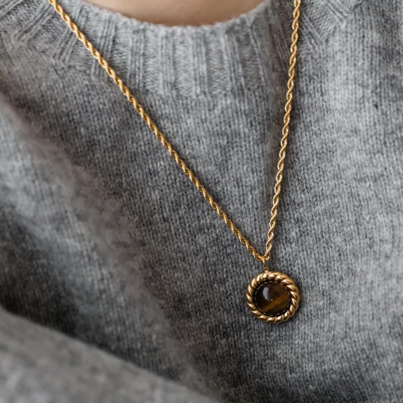 18k vergoldete Tigerauge Perlenanhänger Halskette - Retro Schlüsselbeinkette für Herbst/Winter.