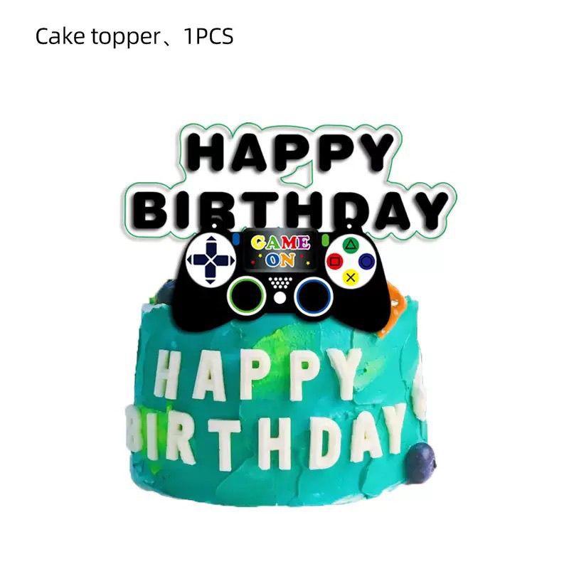 Cartoon Arcade-Themed Party Decoration Set: Boys' Birthday Decorations, Game Controller Banners, Cake Topper, and Spiral Hanging Decorations