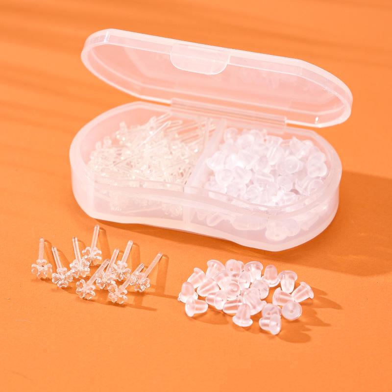 Transparent Ear Piercing Studs with Backs, 2-Compartment Box for Healing Women’s Earrings, Plastic Sticks