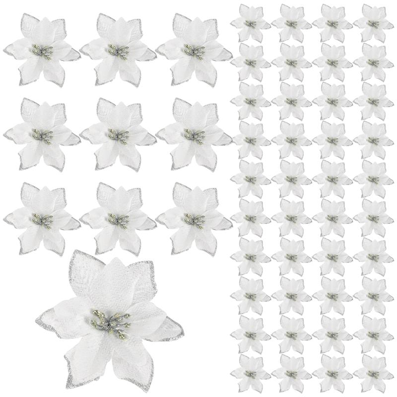 Good-50 Pack Glitter Poinsettia Christmas Tree Ornaments Artificial Silk Flowers Picks Decor Wreath Garland Holiday