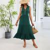 Women's Fashionable Color V-neck Button Sleeveless Long Pleated Loose Dress