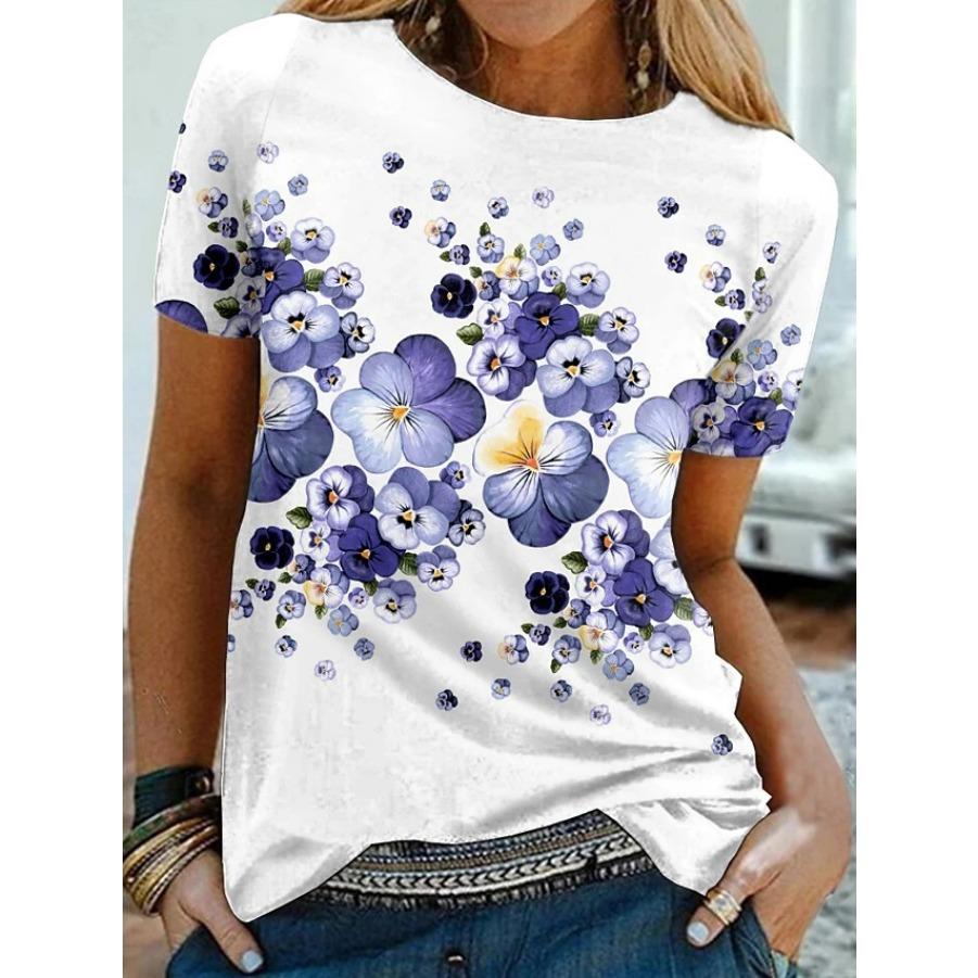Dámský top s krátkým rukávem, 3D potiskem, sváteční, víkendový, základní, kulatý výstřih, regular flower tričko