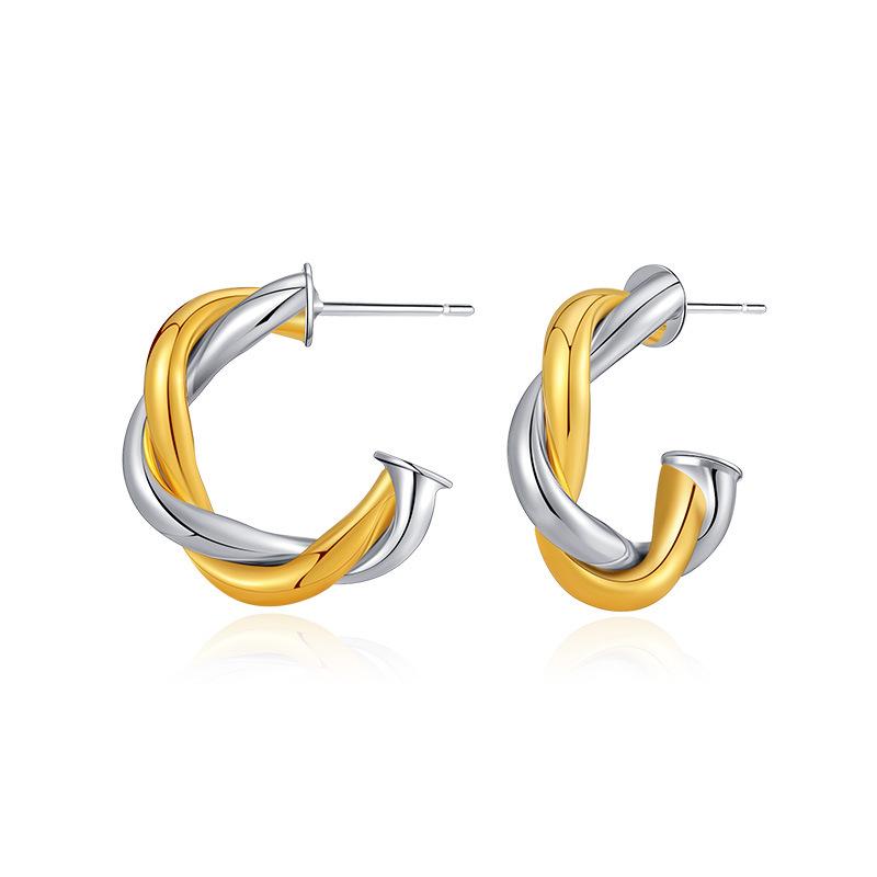 Hiphop Gold Silver Mixed Color Twisted C Shaped Cross Earrings 18k Gold Plated For Women