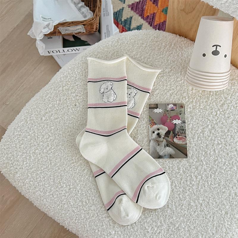 

Cute Cartoon Mid-calf Socks for Girls, Color-blocking Striped Rolled-up Socks, Boneless Socks 1 pair білий