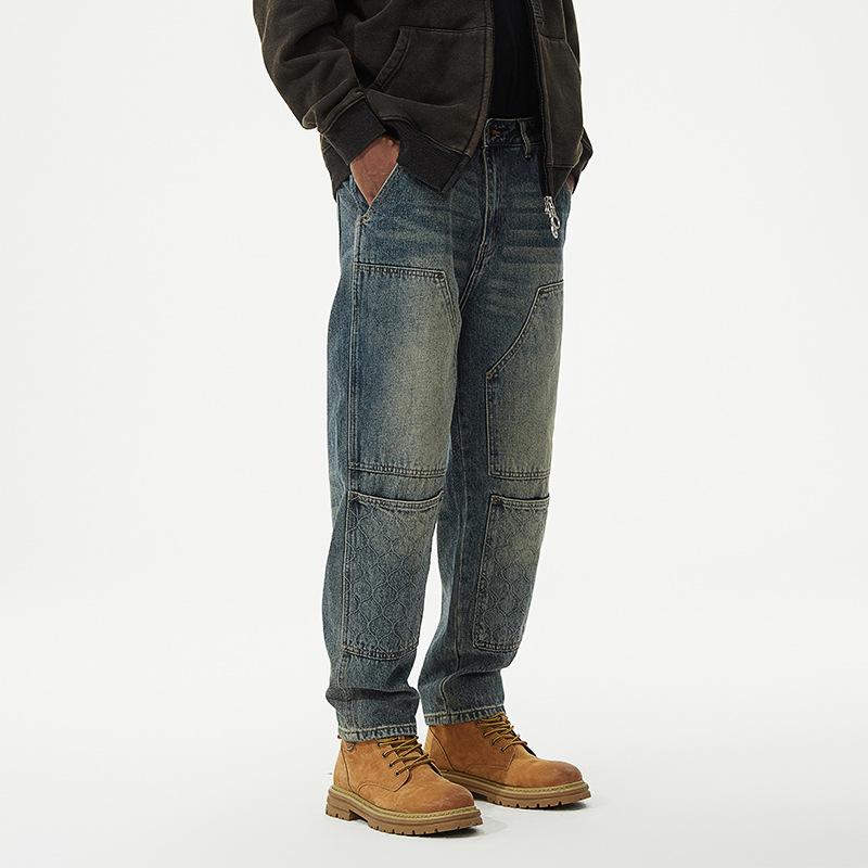Men's Daddy Denim Tooling Multi-Pocket Trousers New Retro Old Wash Straight Harlan Jeans American