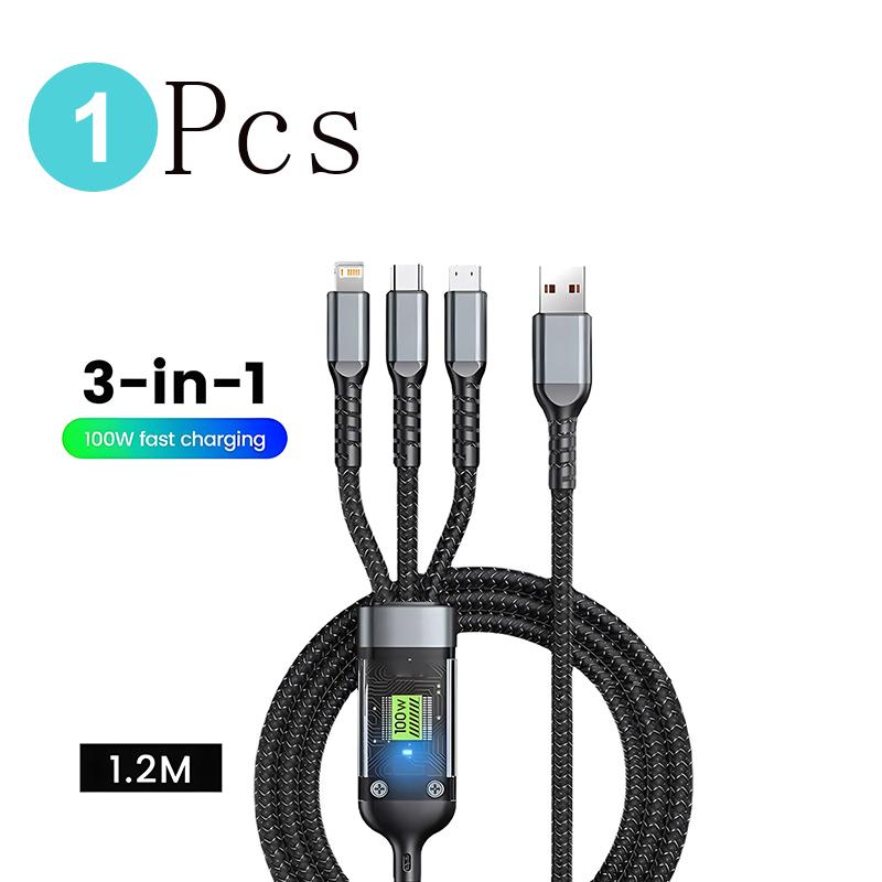 

1-2 шт. 3 в 1 100 Вт Прозрачный Кабель для Быстрой Зарядки Type C Usb Micro Для Iphone Samsung Huawei Xiaomi Пилотная Лампа Зарядное Устройство Usb C 6A 1.2m