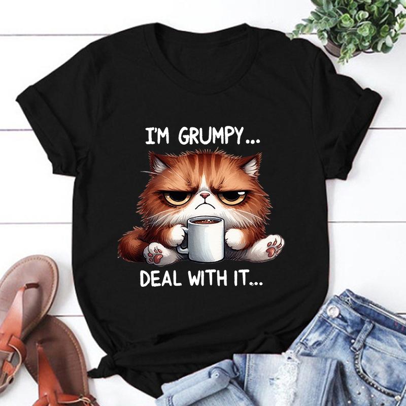 New Funny Cat IM Grumpy Deal with Is TShirt Short Sleeve O Neck Summer Casual Letter Printing Women TShirt Aesthetic Top Tee