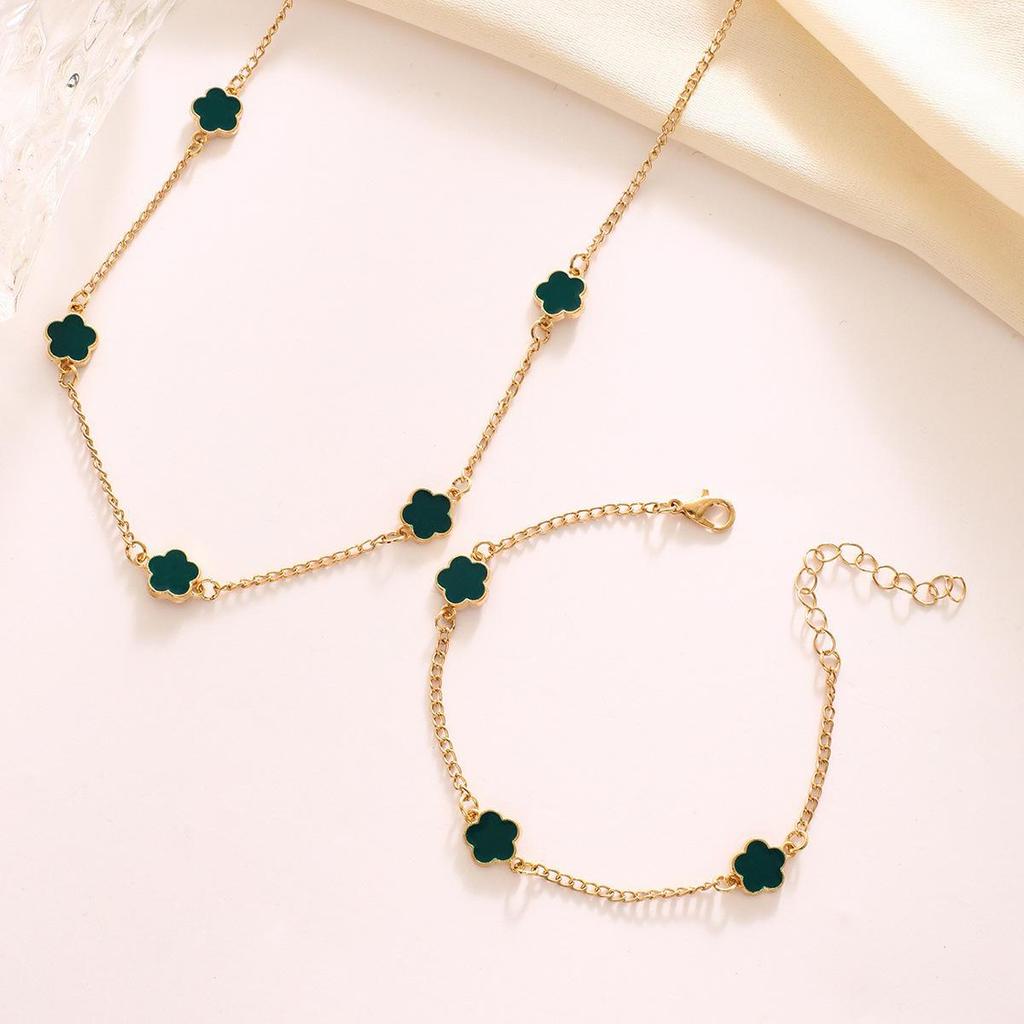 Lucky Five-Petal Flower & Clover Jewelry Necklace and Bracelet Set