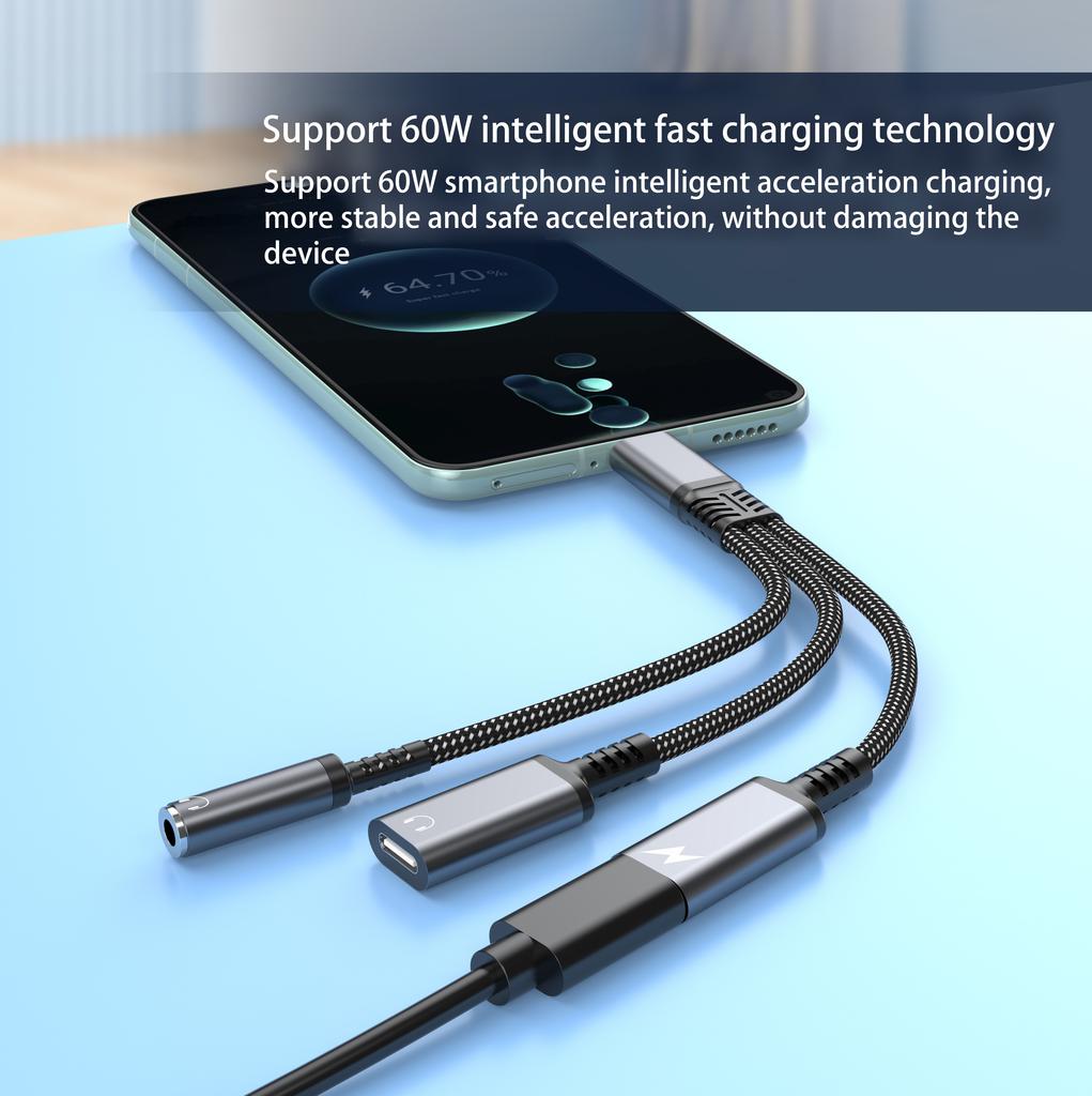 3 In 1 PD 60W Fast Charge Adapter For Iphone16 15 Samsung Type C To Dual Type C/3.5mm Jack Audio Adapter Cable Headphone Adapter