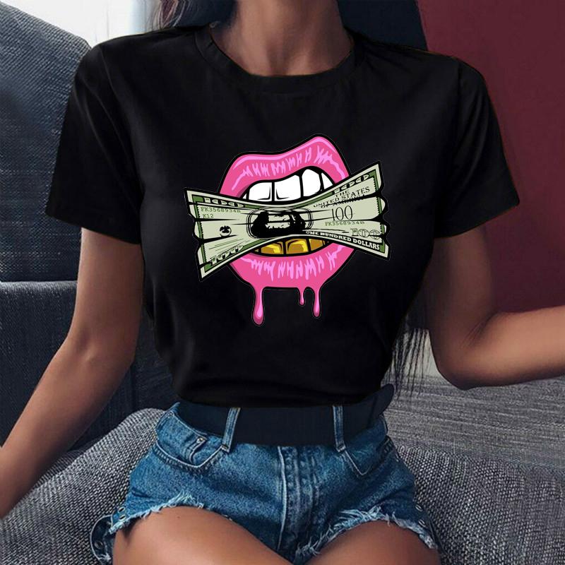 Růžové tričko s potiskem leopardích rtů Módní Dámské tričko Dámské Bílé a černé tričko Tričko s krátkým rukávem Dámské topy Harajuku